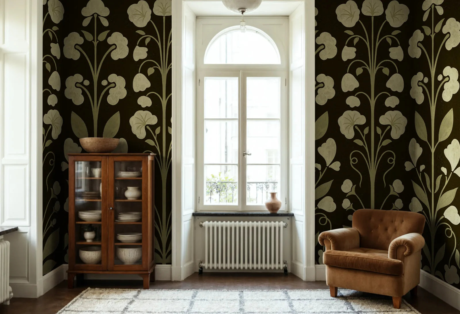 Folk Flower, Dark Green Wallcoverings