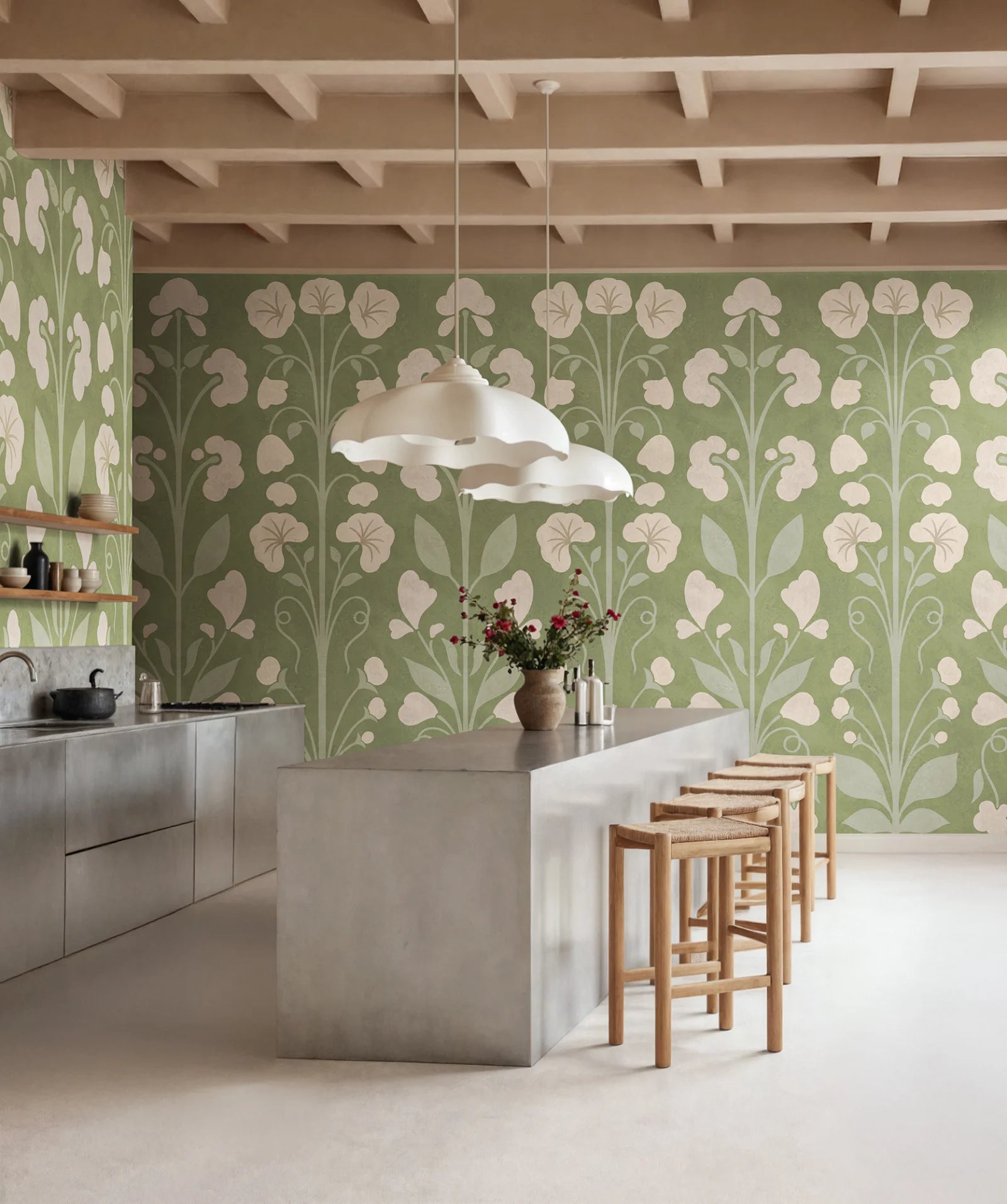 Folk Flower, Green Wallcoverings