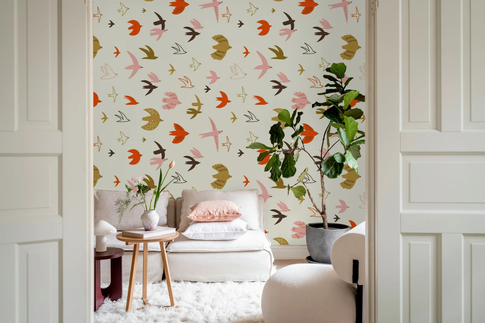 Flying Birds, Pink Wallcoverings